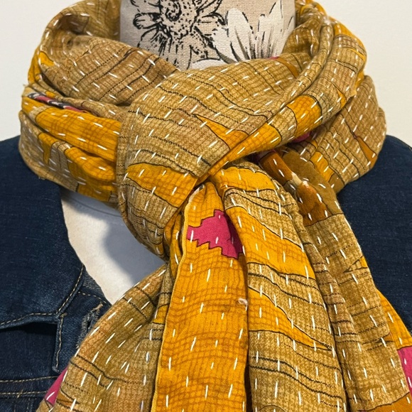 KANTHA SCARF REVERSIBLE TWO SIDED SARI HEAD WRAP DECOR LINEN SARONG - Picture 6 of 11